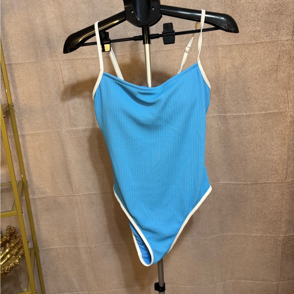 Wild Fable Blue Textured One Piece Swimsuit Large White Trim Adjustable Straps